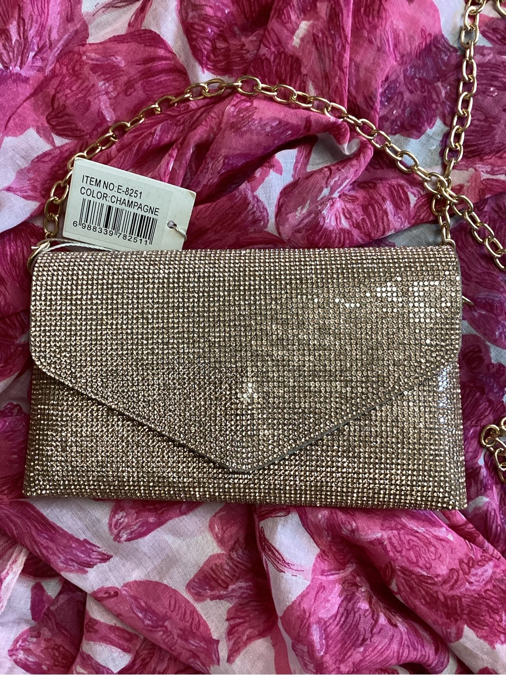 Pink Champagne or Rose Rhinestone Envelope Clutch with Crossbody Chain Strap